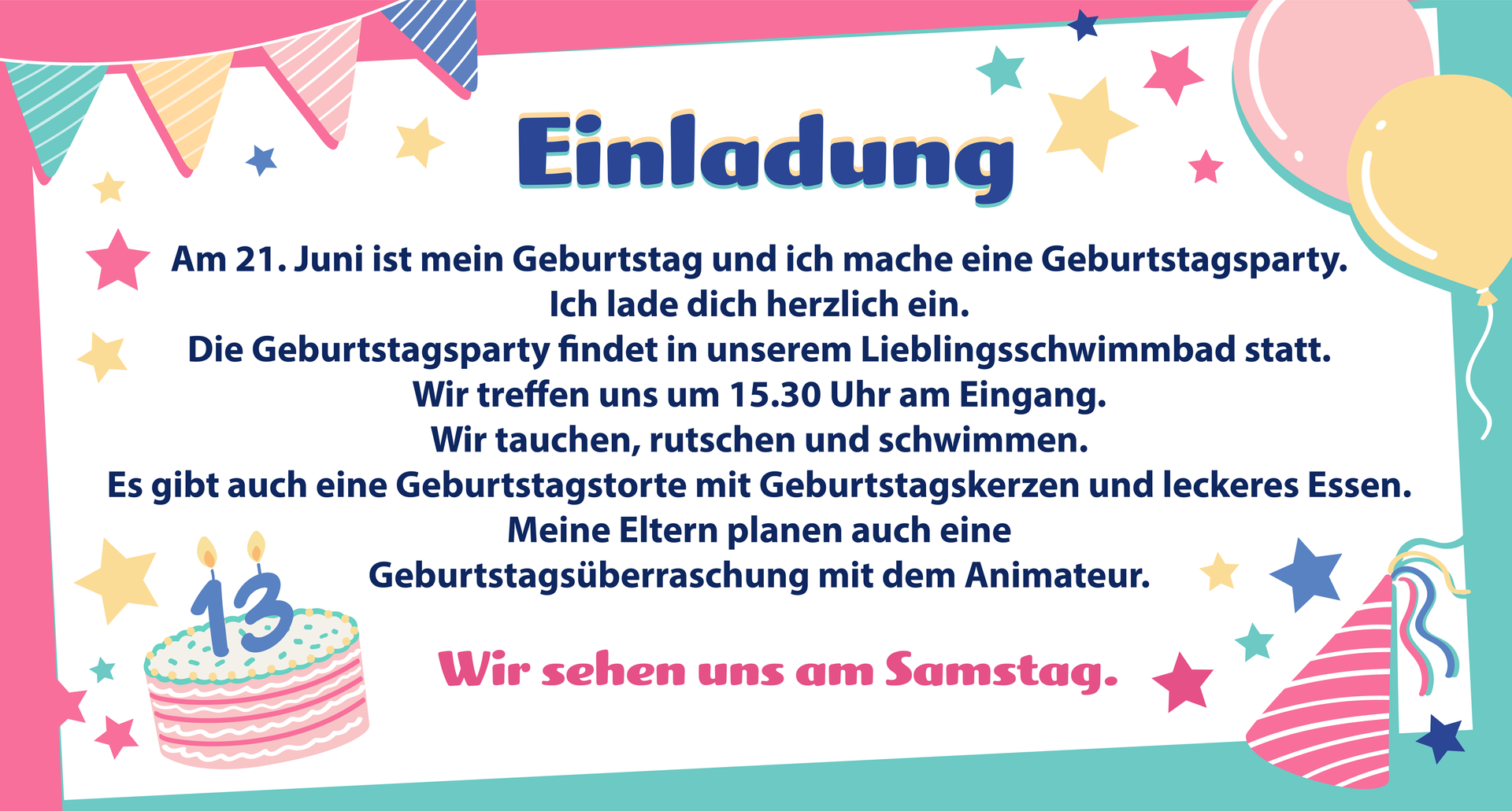 Ilustracja przedstawia kolorowe zaproszenie. Widoczne są rysunki balonów, girlandy, czapeczki urodzinowej i tortu ze świeczkami w kształcie liczby 13. Transkrypcja dostępna jest poniżej.