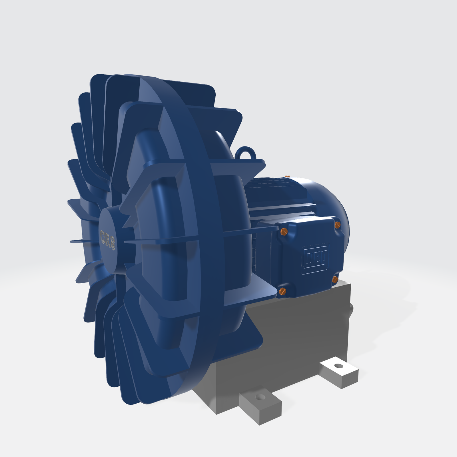 Widoczna grafika przedstawia model sprężarki promieniowej. Sprężanie powietrza odbywa się tutaj dzięki tarczom promieniowym. Obudowa przypomina w części przedniej bęben z łopatkami, które zamocowane są na obwodzie. W części dalszej korpus ma kształt cylindryczny. Na powierzchni widoczna jest skrzynka zaciskowa w sześciennej obudowie. Całe urządzenie osadzone jest na prostopadłościennej podstawie, która posiada otwory na śruby za pomocą których mocowana jest do  podłoża. 