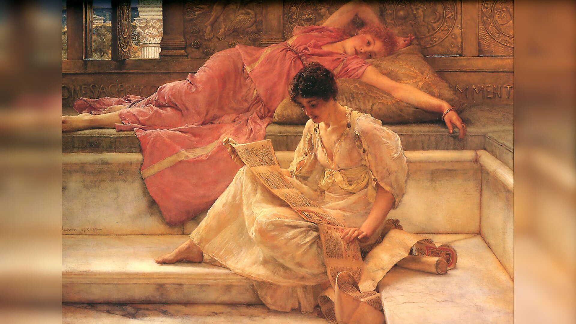 Obraz przedstawia dwie kobiety. Jedna ubrana w białą suknię siedzi i przegląda zwoje rękopisu. Druga, ubrana w czerwoną suknię leży powyżej na poduszkach z rękoma wyciągniętymi nad głową.