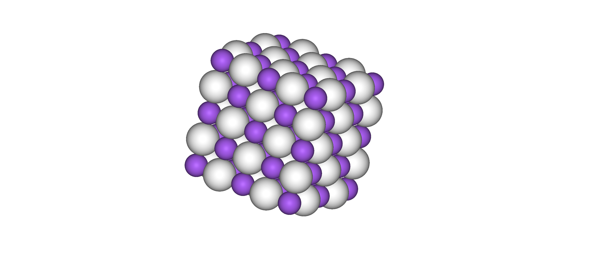 Ilustracja przedstawia model kulkowy struktury wodorku sodu. Atomy sodu, będące fioletowymi kulkami, i atomy wodoru, reprezentowane przez białe kulki, są ułożone naprzemiennie i tworzą sześcian.