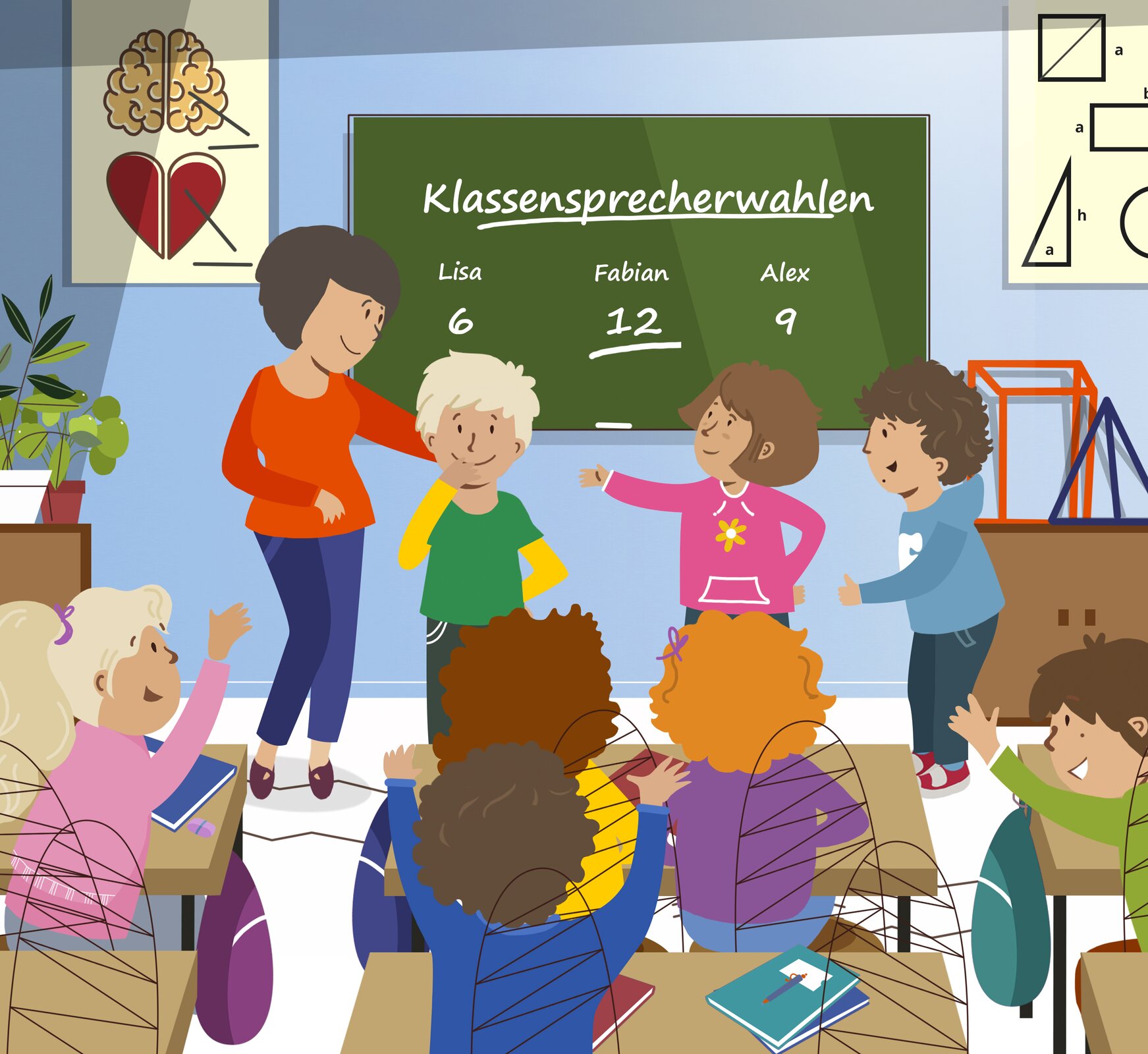 Ilustracja przedstawia scenę głosowania, które odbywa się w klasie szkolnej . Przy tablicy stoi nauczycielka oraz trójka uczniów: dziewczynka i dwóch chłopców. Na tablicy widoczne są ich imiona oraz liczba uzyskanych punktów. Pozostali uczniowie siedzą w ławkach, z uniesionymi rękami. Treść zawarta w transkrypcji poniżej.
