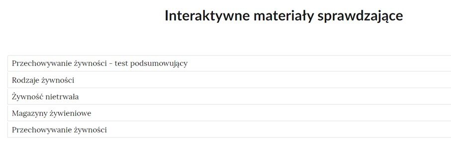 Grafika przedstawia widok interaktywnego materiału sprawdzającego, czyli zbioru poszczególnych zadań w formie listy z nazwami zadań, gdzie po kliknięciu w nazwę zadania pojawi się jego zawartość. 