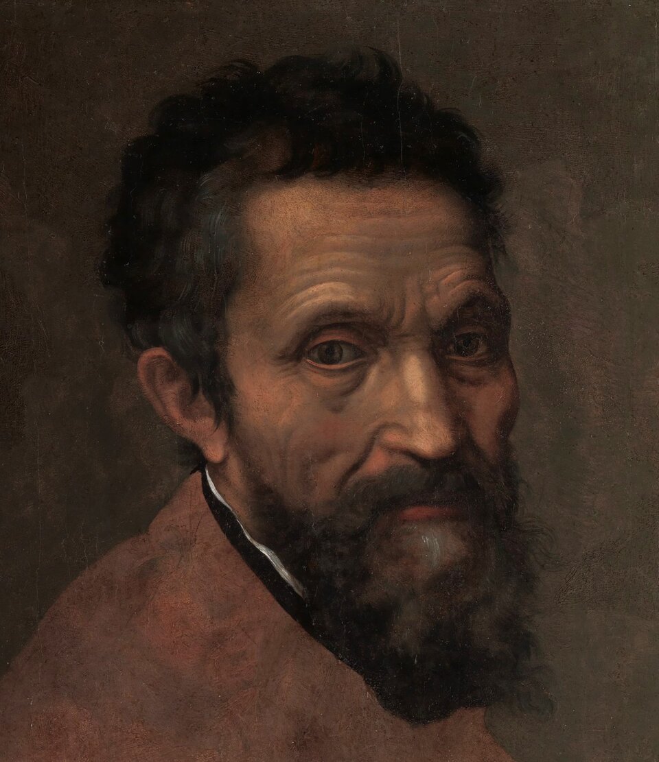 Obraz przedstawia portret Michała Anioła. Jest to starszy mężczyzna, ma wysokie pomarszczone czoło, zmęczone oczy o błędnym spojrzeniu, chude, zapadnięte policzki, wąsy oraz brodę. Ma gęste, falujące włosy średniej długości. Wydatny nos, usta podające w dół, wąskie.