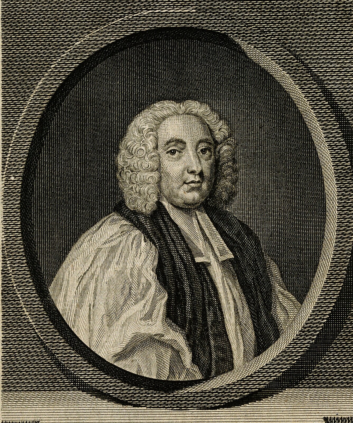 Obraz przedstawia portret mężczyzny. Ma owalną twarz, drugi podbródek i półdługie, kręcone włosy. Ubrany jest w obszerny strój z podłużnym kołnierzem.