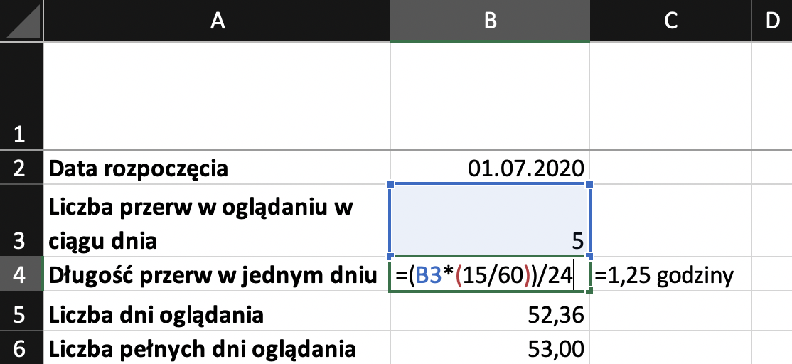 Na zrzucie ekranu widoczny jest fragment arkusza Excel. W kolumnach A, B, C, w wierszach od 1 do 6 wprowadzono dane. W ARKUSZU kolejno dodano opisy. W drugim wierszu, w komórce A2 wpisano tytuł DATA ROZPOCZĘCIA. W komórce B2 wpisano datę. W trzecim wierszu, w komórce A3 wpisano tytuł LICZBA PRZERW W OGLĄDANIU W CIĄGU DNIA. W komórce B3 wpisano wartość liczbową. W czwartym wierszu, w komórce A4 wpisano tytuł DŁUGOŚĆ PRZERW W JEDNYM DNIU. W komórce B4 wpisano formułę, która brzmi następująco: =(B3*(15/60))/24 W komórce C4 wpisano przeliczenie na godziny. W piątym wierszu, w komórce A5 wpisano tytuł LICZBA DNI OGLĄDANIA. W komórce B5 wpisano wartość liczbową. W szóstym wierszu, w komórce A6 wpisano tytuł LICZBA PEŁNYCH DNI OGLĄDANIA. W komórce B6 wpisano wartość liczbową.