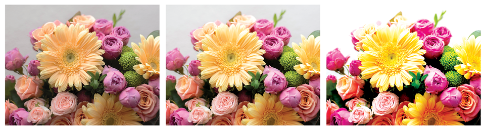 Ilustracja dzieli się na trzy obrazki:
1. słaby kontrast  (po lewej) - barwy są mało wyraźne,
2. optymalny kontrast (środek) - kontrast i balans kolorów są optymalnie dobrane, 
3. zbyt wysoki kontrast (z prawej) - barwy są bardzo wyraźne i rozjaśnione. 