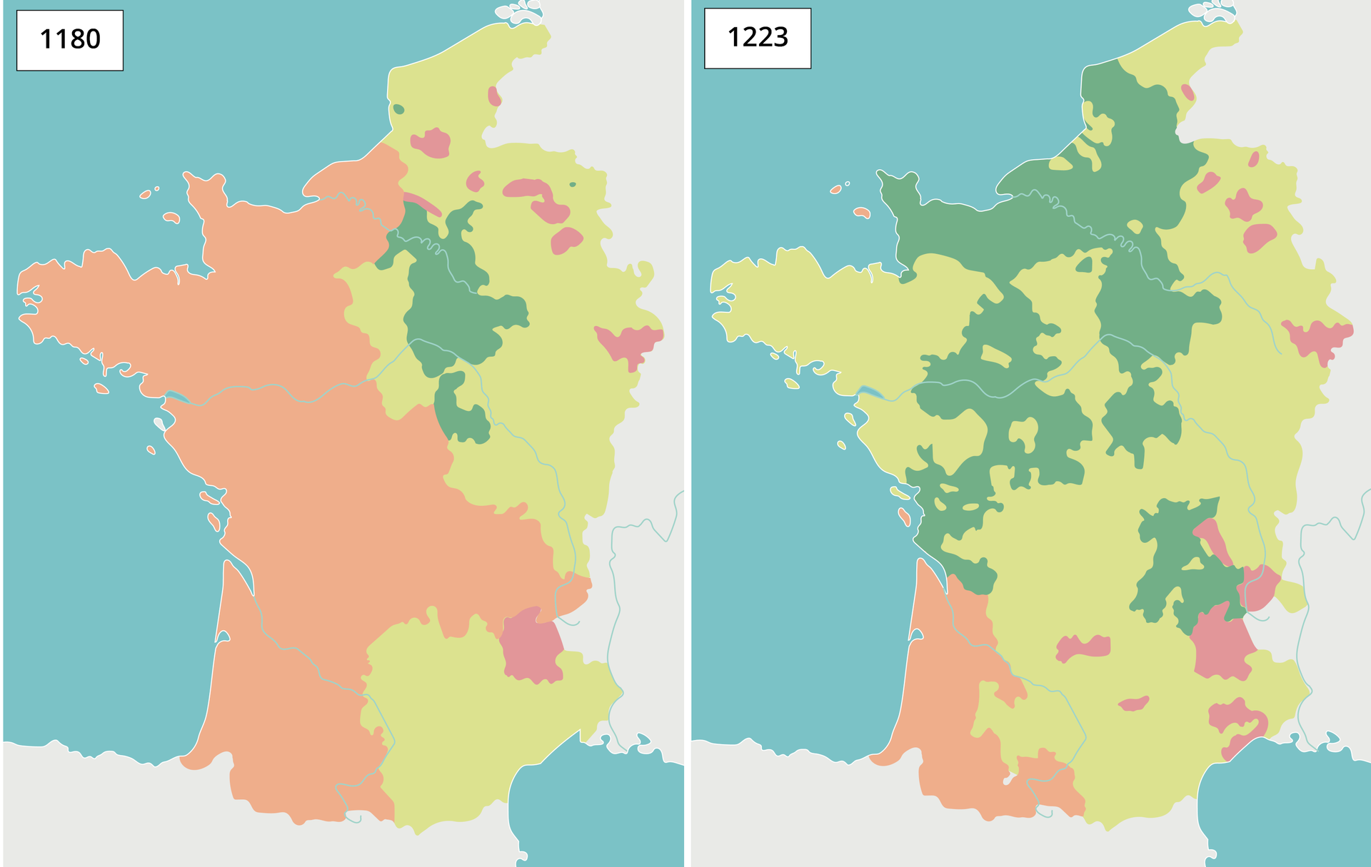 Grafika ukazuje dwie mapy Francji. Pierwsza mapa ukazuje 1180 rok, gdzie widać znaczącą dominację ziem przynależnych Andegawenom (cała część zachodnia, centralna, północna i południowa Francji). Część zajmowana króla francuskiego obejmowała zaledwie okolice Paryża i Orleanu oraz Brugii. Druga mapa prezentuje rok 1223. Tu proporcje zostają odwrócone. Andegawenowie władają jedynie fragmentem zachodnich ziem Francji: częścią księstwa Akwitanii i królestwem Gaskonii.