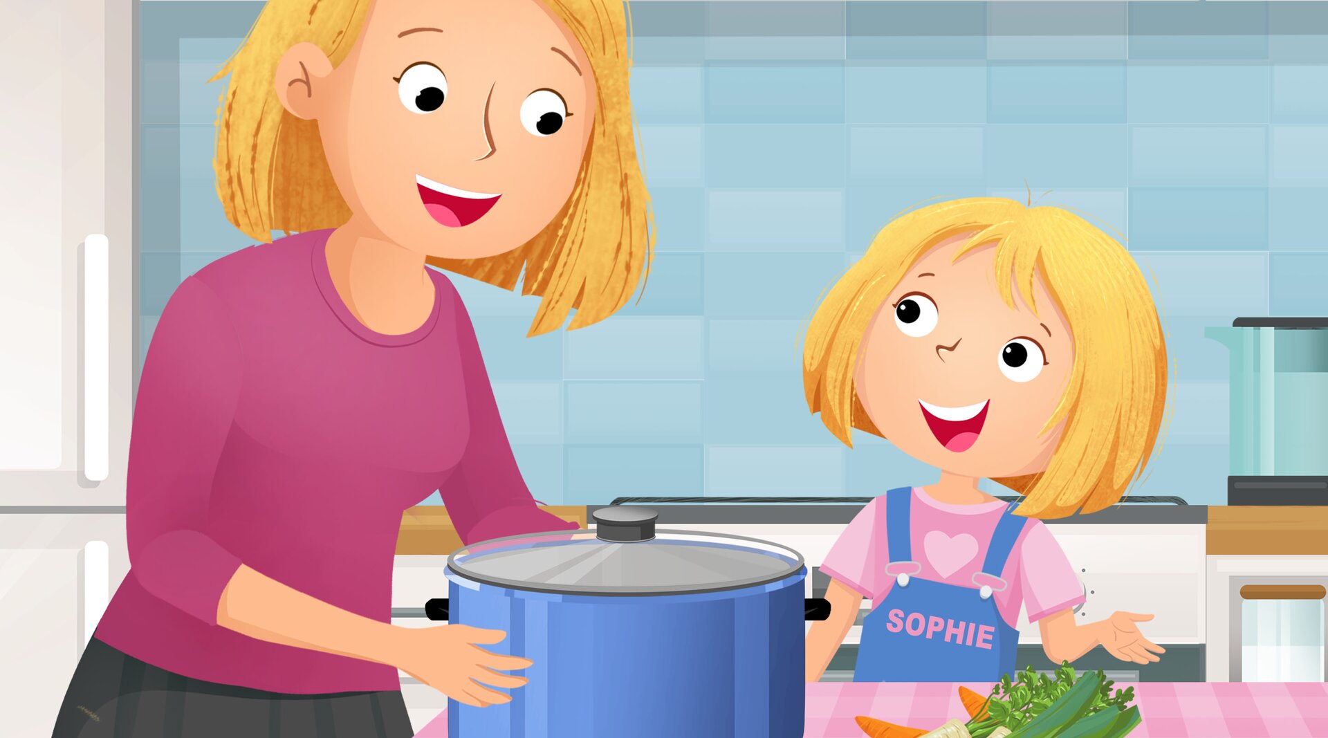 Ilustracja przedstawia Sophie i mamę w kuchni. Obok nich leży garnek i warzywa