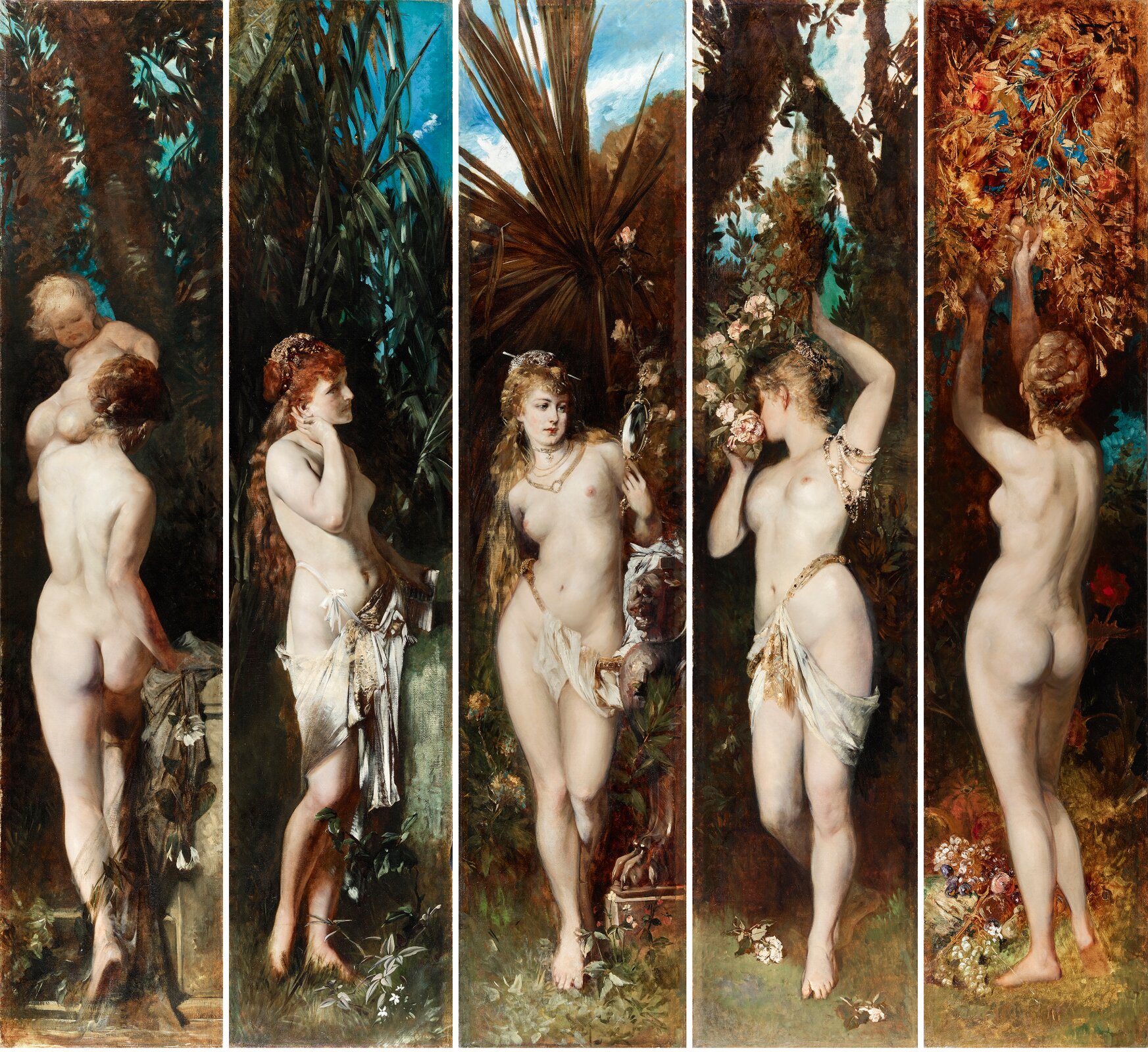 Dzieło Hansa Makarta pod tytułem „Pięć zmysłów” podzielone jest na pięć pionowych części, z których każda przedstawia nagą kobietę. Kobiety pozują przy drzewach w czasie różnych pór roku. Każda z nich symbolizuje jeden ze zmysłów. Pierwsza z lewej jest odwrócona tyłem, niesie w ramionach dziecko. Symbolizuje dotyk. Druga, odwrócona jest prawym bokiem, nastawia ucho trzymając przy nim rękę. Symbolizuje słuch. Trzecia kobieta odwrócona jest przodem do widza, wygina ciało lekko w prawą stronę i spogląda na swoje odbicie w trzymanym w lewej ręce lustrze. Symbolizuje wzrok. Czwarta kobieta stoi bokiem odchylając się lekko do tyłu trzyma w prawej ręce gałąź drzewa rosnącego za nią. Przysuwa do niej twarz i wącha porastające ją licznie kwiaty. Symbolizuje węch. Piąta kobieta odwrócona jest tyłem, wyciąga wysoko ręce w kierunku znajdujących się nad nią gałęzi drzewa i zrywa rosnące na jednej z nich jabłko. Symbolizuje smak. 