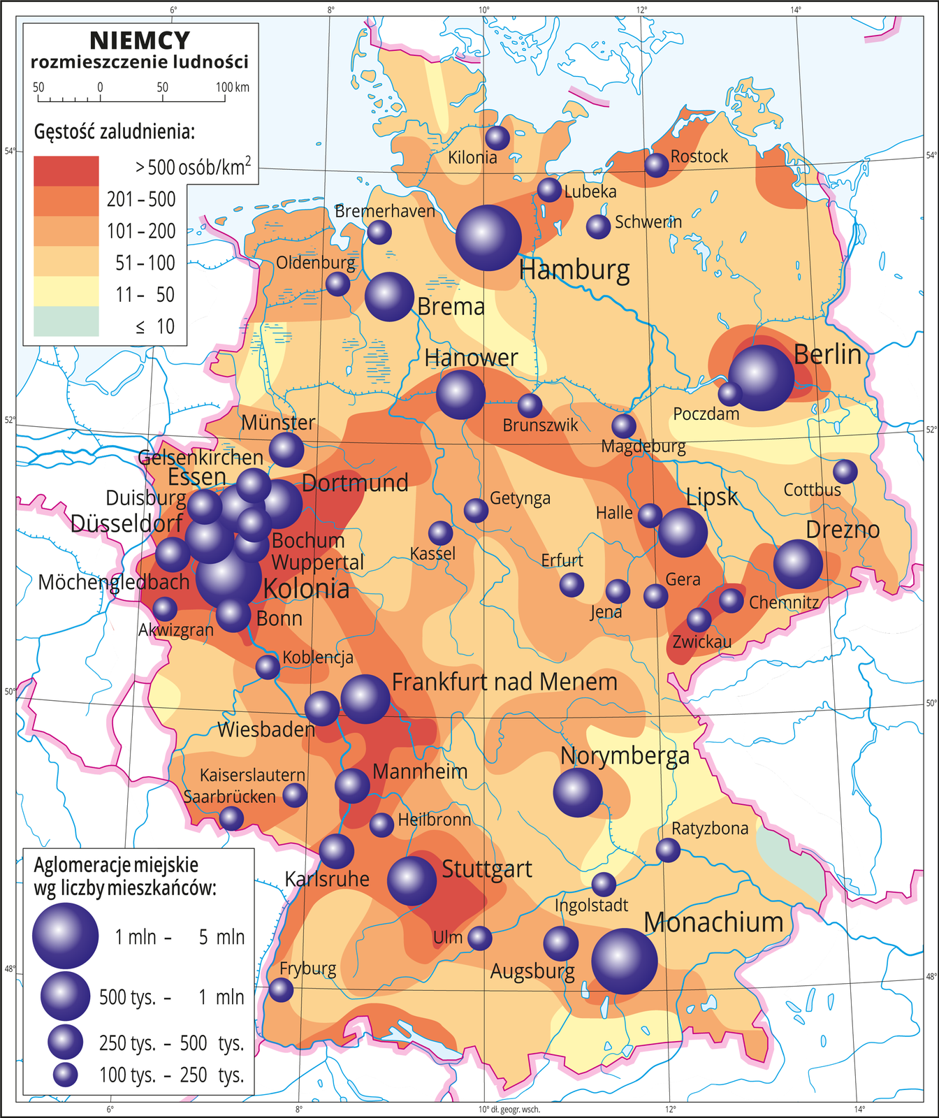 Ilustracja przedstawia mapę Niemiec. Na mapie przedstawiono rozmieszczenie ludności. Kolorami od zielonego (jedna niewielka plama) przez żółty i pomarańczowy do czerwonego przedstawiono gęstość zaludnienia. Plamy rozkładają się nieregularnie, wokół miast kolor pomarańczowy i czerwony oznaczający dużą gęstość zaludnienia, nawet powyżej pięciuset osób na kilometr kwadratowy. Najgęściej zaludnione obszary na zachodzie Niemiec. Na mapie różnej wielkości sygnatury (koła) obrazujące aglomeracje miejskie wg liczby mieszkańców: Hamburg, Berlin, Monachium, Kolonia – od jednego miliona do pięciu milionów mieszkańców. Hanover, Drezno, Lipsk, Frankfurt nad Menem Stuttgart, Dortmund od pięciuset tysięcy mieszkańców do miliona. Kilkanaście mniejszych sygnatur poniżej dwustu pięćdziesięciu tysięcy mieszkańców. Mapa zawiera południki i równoleżniki, dookoła mapy w białej ramce opisano współrzędne geograficzne co dwa stopnie.