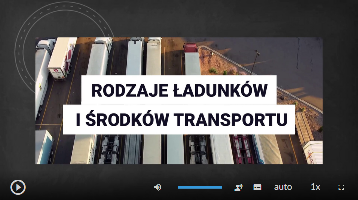 Przykładowy widok filmu edukacyjnego. Widoczny jest tytuł filmu rodzaje ładunków i środków transportu. W tle widoczne są samochody ciężarowe zaparkowane na parkingu.
