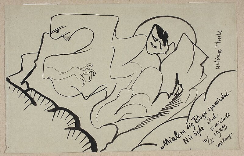 Rysunek przedstawia abstrakcję. Ukazany jest na nim potwór ze szponami. W prawym, dolnym rogu znajduje się podpis "Miałem się Bogu spowiadać... Nie będę itd. T. Miciński. 10 I 1023 Witkacy".