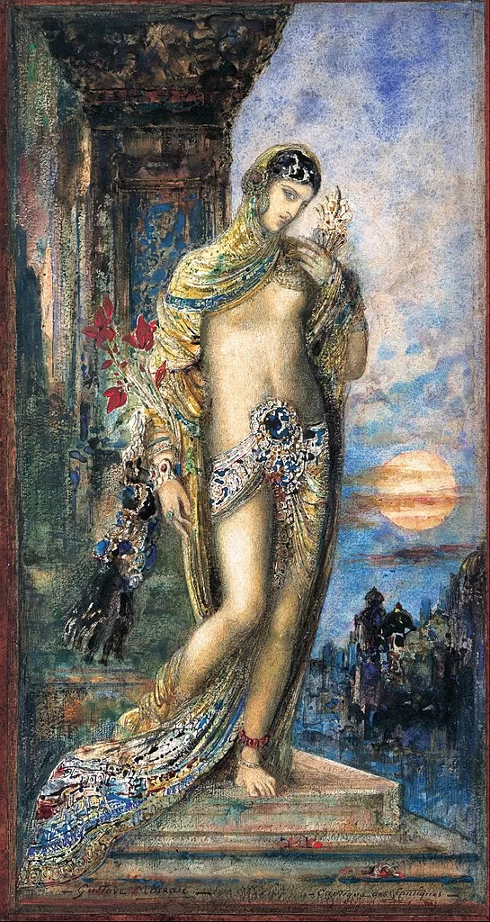 Obraz przedstawia młodą, niemal nagą kobietę, stojącą na górze schodów. Kobieta jest szczupła, ma osłonięte ramiona i łono. Na głowie ma chustę. Trzyma w lewej dłoni, blisko twarzy niewielki bukiet kwiatów, a w prawej dłoni gałąź z kwiatami.