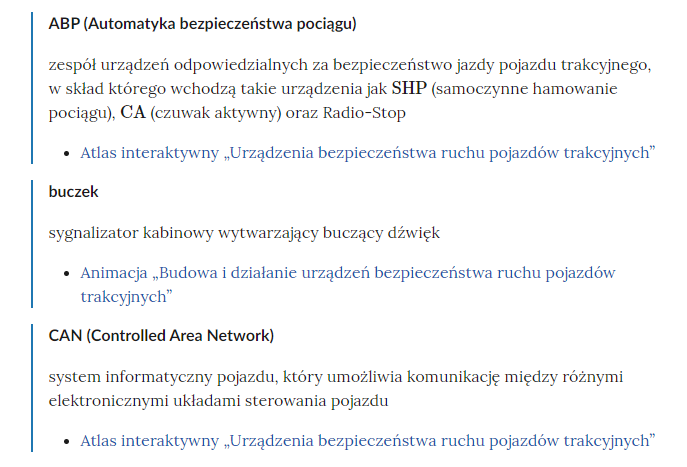 Zrzut ekranu przedstawia przykładowy widok pojęć w słowniku pojęć dla e‑materiału. Widoczne są trzy pojęcia z ich wyjaśnieniami oraz linkami do rozdziałów w których występują.