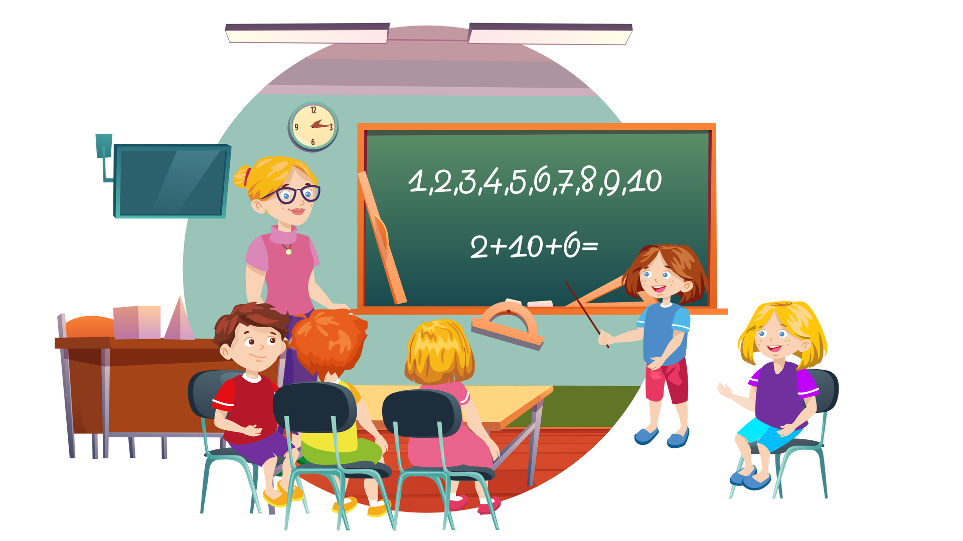 Ilustracja przedstawia klasę szkolną. Na suficie wiszą dwie podłużne lampy. W tle widać zieloną ścianę, na której po lewej stronie jest zawieszony płaski telewizor. Dalej na prawo wisi okrągły turkusowy zegar ze wskazówkami oraz duża zielona tablica w brązowej ramie. Na tablicy znajduje się biały napis: „1, 2, 3, 4, 5, 6, 7, 8, 9, 10. Dwa dodać dziesięć dodać sześć równa się”. Na półce pod tablicą leżą dwa kawałki kredy. Są tam również oparte jasnopomarańczowe przyrządy matematyczne – linijka i ekierka. Na środku jest zawieszony jasnopomarańczowy kątomierz. Przy tablicy stoi Maja. W prawej dłoni trzyma brązowy wskaźnik, który wyciąga w kierunku tablicy. Po lewej stronie pomieszczenia stoi brązowe biurko z brązowym krzesłem. Na blacie biurka znajdują się dwie jasnofioletowe bryły – jedna o kwadratowym kształcie, a druga o trójkątnym. Obok biurka stoi nauczycielka. Ma blond włosy upięte w kok. Jest ubrana w różową bluzkę z golfem i krótkimi rękawami oraz fioletową spódnicę. Na nosie ma okulary w granatowych oprawkach, a na szyi wisiorek. Kobieta patrzy na Maję i delikatnie się uśmiecha. Na pierwszym planie stoi jasnobrązowa ławka, przy której na czarnych krzesłach siedzi troje dzieci. Pierwszy od lewej jest brązowowłosy chłopiec ubrany w czerwoną koszulkę z krótkimi rękawami, krótkie fioletowe spodnie i pomarańczowe buty z żółtymi podeszwami. Dalej siedzi tyłem Franek. Obok niego jest blondwłosa dziewczynka ubrana w jasnoróżową sukienkę z krótkimi rękawami, białe skarpety i różowe buty. Całkiem po prawej stronie ilustracji jest ustawione jeszcze jedno krzesło, na którym siedzi blondwłosa dziewczynka. Jest ubrana w fioletową koszulkę z krótkimi rękawami, krótkie jasnoniebieskie spodnie i ciemnoniebieskie buty. Szeroko się uśmiecha i patrzy w stronę tablicy.
