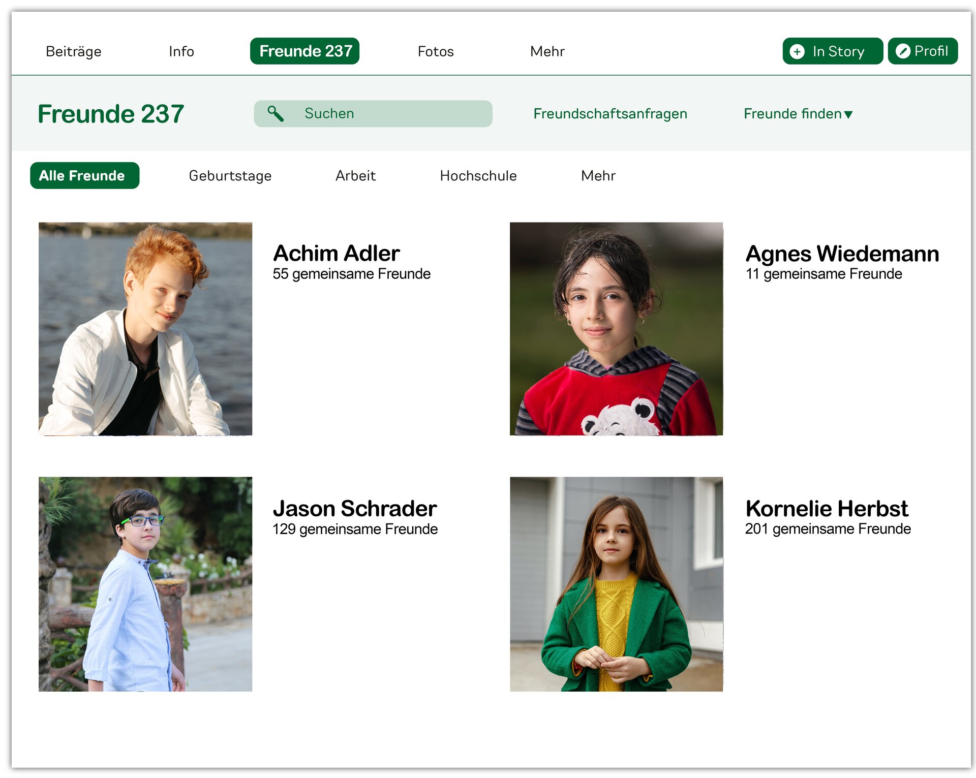 Ilustracja przedstawia profil Jonasa w mediach społecznościowych wraz ze zdjęciami jego poszczególnych znajomych. W lewym górnym rogu znajduje się rudowłosy chłopiec w jasnej bluzie. Po przeciwnej stronie znajduje się ciemnowłosa dziewczynka w czerwonym sweterku. W lewym dolnym rogu umieszczony jest ciemnowłosy chłopiec w niebieskiej koszuli. Po przeciwnej stronie znajduje się długowłosa dziewczyna w zielonym płaszczyku, spod którego wystaje żółty sweterek. Transkrypcja dostępna poniżej.