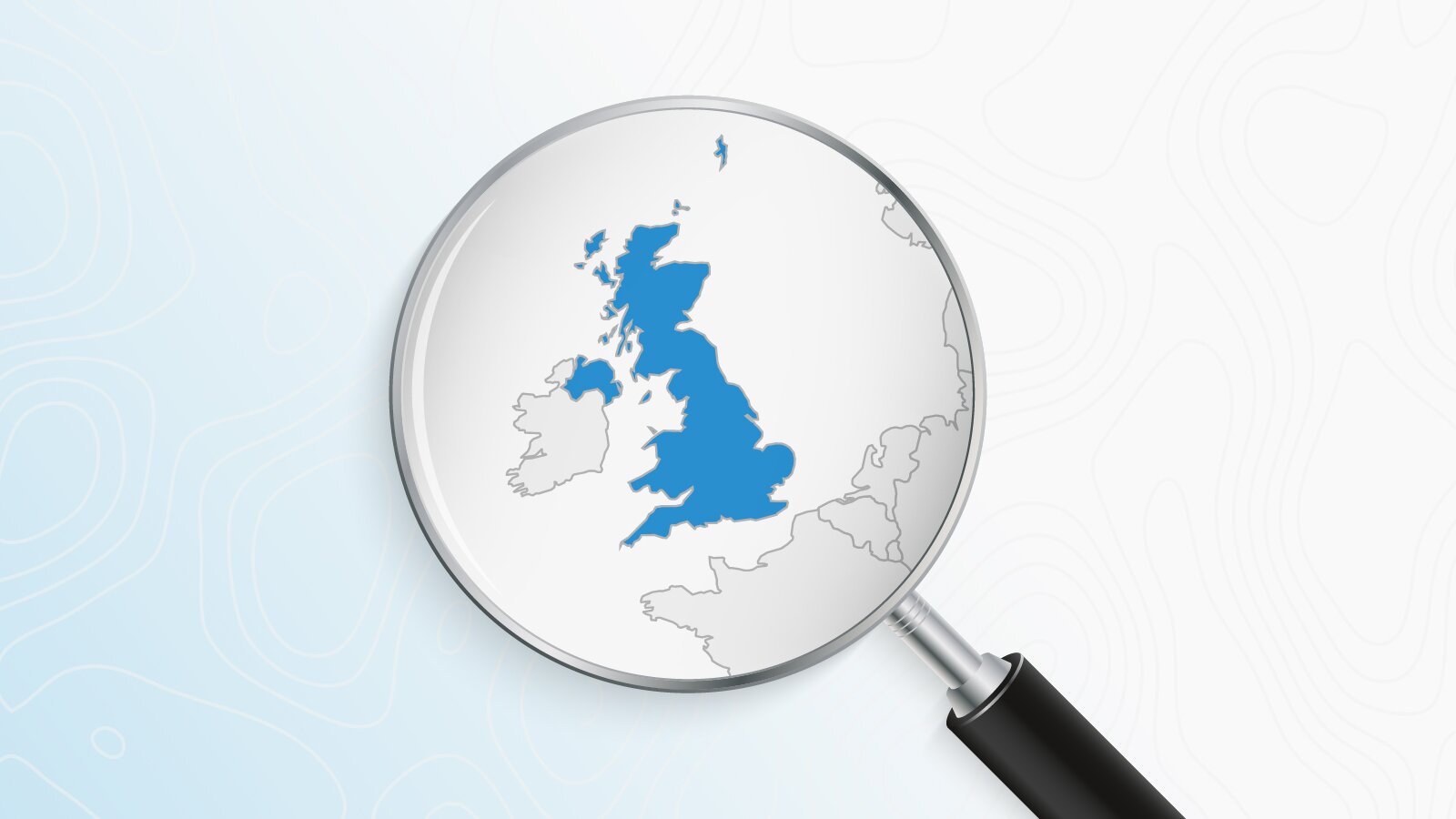 Zdjęcie przedstawia lupę, której szkło powiększające znajduje się nad mapą konturową pokazującą Zjednoczone Królestwo Wielkiej Brytanii i Irlandii Północnej wypełnione na niebiesko.