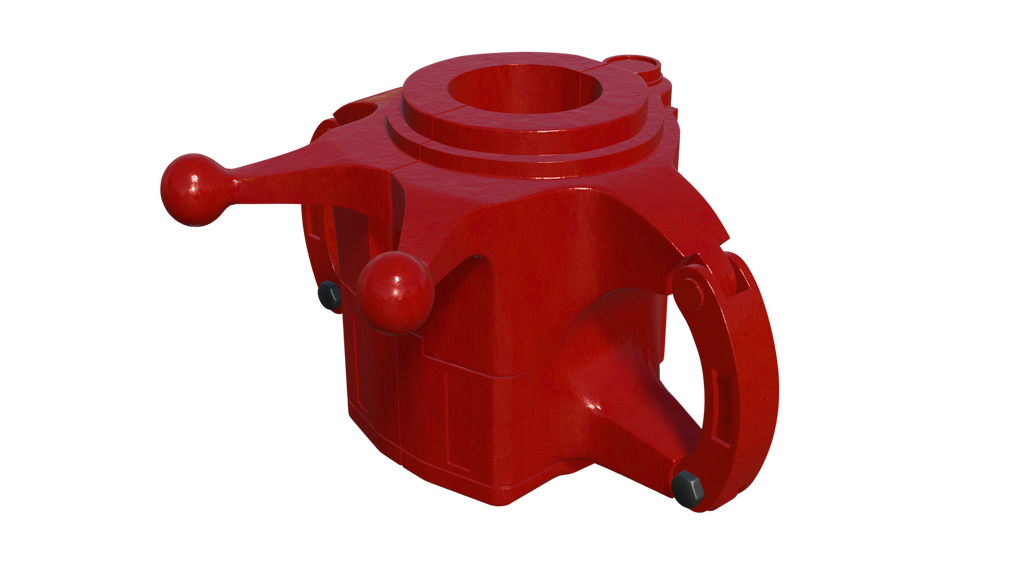 Na zdjęciu przedstawiony jest czerwony elewator do żerdzi pompowych. Elewator jest to urządzenie wykorzystywane do manipulacji rurami.
Po lewej stronie elewatora znajduje się fragment o kształcie zbliżonym do prostokąta. Od środka jego lewego boku poprowadzona jest przestrzeń. Przestrzeń biegnie w kierunku środka prostokąta. Dziura jest zaokrąglona i znajduje się na niej okrągła nakładka w kształcie podkowy. W czterech rogach elementu znajdują się małe srebrne śrubki. Z góry i dołu prostokąta wychodzą ramiona. Ramiona prowadzą w prawą stronę. W dolnej części ramiona są proste. Następnie ulegają zwężeniu w kierunku środka elewatora. Na samym końcu ramiona łączą się ze sobą. Połączenie ma kształt łuku. W dolnej części ramion od ich wewnętrznej strony znajdują się rowki na palce. Nad górnym ramieniem i pod dolnym ramieniem znajduje się jeden srebrny klips. Klips wykonany jest z drutu. Jego centralną częścią jest okrąg. Pomiędzy ramionami znajduje się sześć okrągłych nakładek w kształcie podkowy.