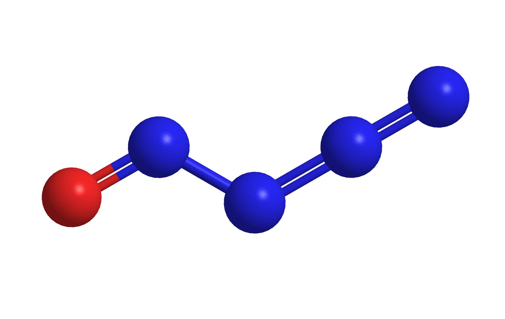 Na ilustracji jest model cząsteczki. Są cztery niebieskie kulki i jedna czerwona. Pomiędzy trzema niebieskimi kulkami są wiązania podwójne. Niebieska kulka leżąca po lewej stronie wzoru łączy się wiązaniem podwójnym z czerwoną kulką. 