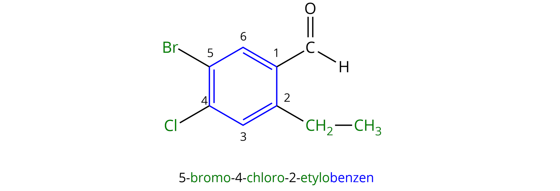 Ilustracja przedstawia wzór półstrukturalny aldehydu aromatycznego, w którym na niebiesko wyróżniono pierścień aromatyczny benzenu. Ponadto ponumerowano atomy węgla w pierścieniu, zaczynając od atomu węgla związanego z grupą aldehydową o lokancie pierwszym i idąc dalej zgodnie z ruchem wskazówek zegara do węgla C 2 połączonego z grupą etylową, dalej węgiel C 3 podstawiony jest atomem wodoru i łączy się z atomem węgla C 4 pierścienia aromatycznego podstawionym atomem chloru. Atom C 5 łączy się z atomem bromu oraz z atomem węgla C 6, który związany jest z atomem wodoru i z atomem węgla C 1, co zamyka pierścień. Podstawnik etylowy w pozycji drugiej, atom chloru w pozycji czwartej oraz atom bromu w pozycji piątej są zaznaczone na zielono. Na tej podstawie zapisano nazwę związku, z którego wywodzi się opisywany aldehyd, jest to 5-bromo-4-chloro-2-etylobenzen. Dla przypomnienia omawiany aldehyd ten zbudowany jest z sześcioczłonowego pierścienia aromatycznego, podstawionego w następujący sposób, idąc zgodnie z ruchem wskazówek zegara. Pierwszy podstawnik to grupa aldehydowa CHO. Przy sąsiadującym węglu w pierścieniu podstawiona jest grupa CH2CH3. Następny atom węgla związany jest jedynie z wodorem. Następny, to jest czwarty łączy się z atomem chloru, a piąty z atomem bromu. Szósty atom węgla w pierścieniu ponownie łączy się z atomem wodoru. Zatem w pierścieniu obecne są cztery podstawniki.