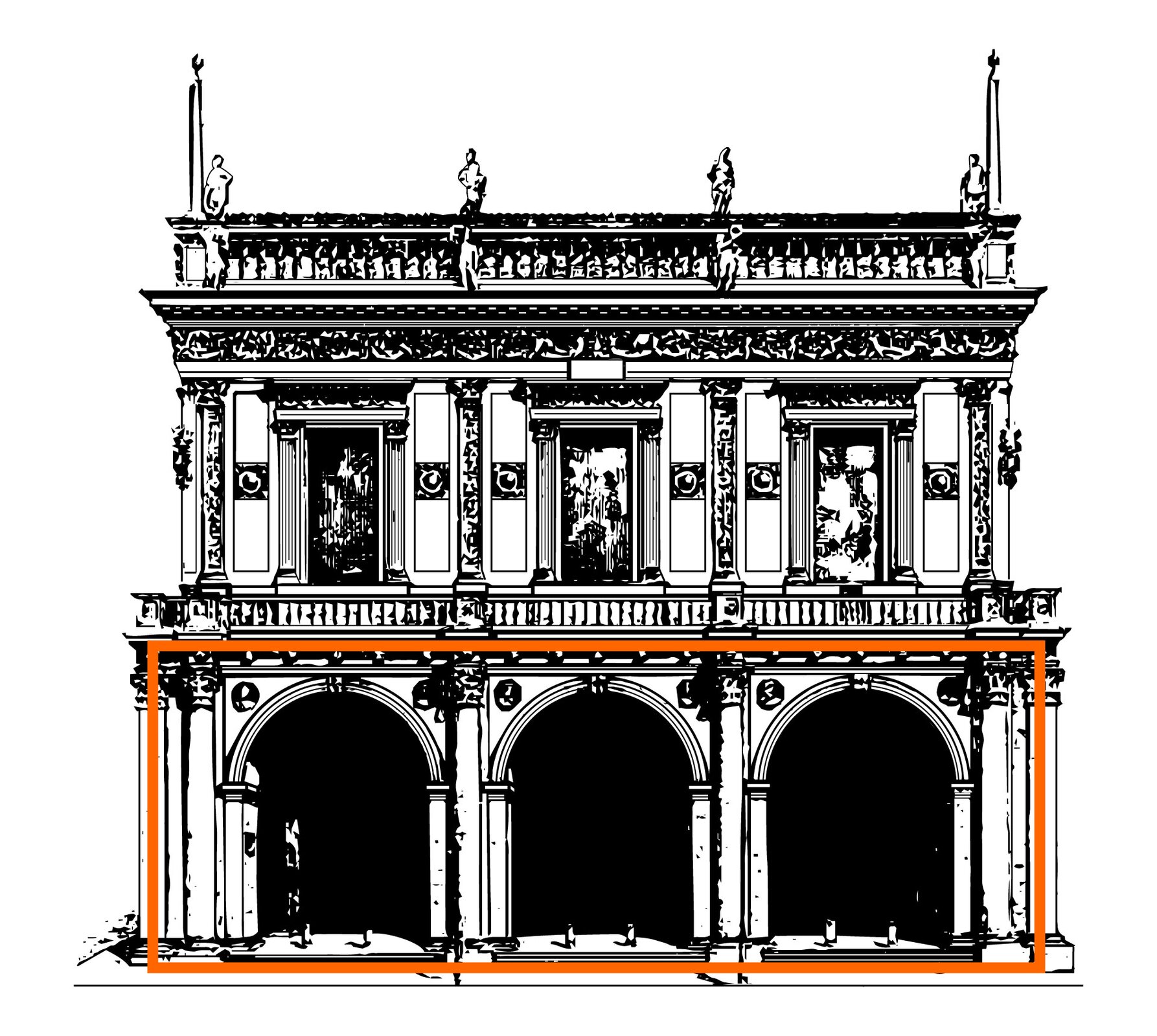 Ilustracja przedstawia loggię, czyli łuki biegnące przez całą długość ściany budynku. 
