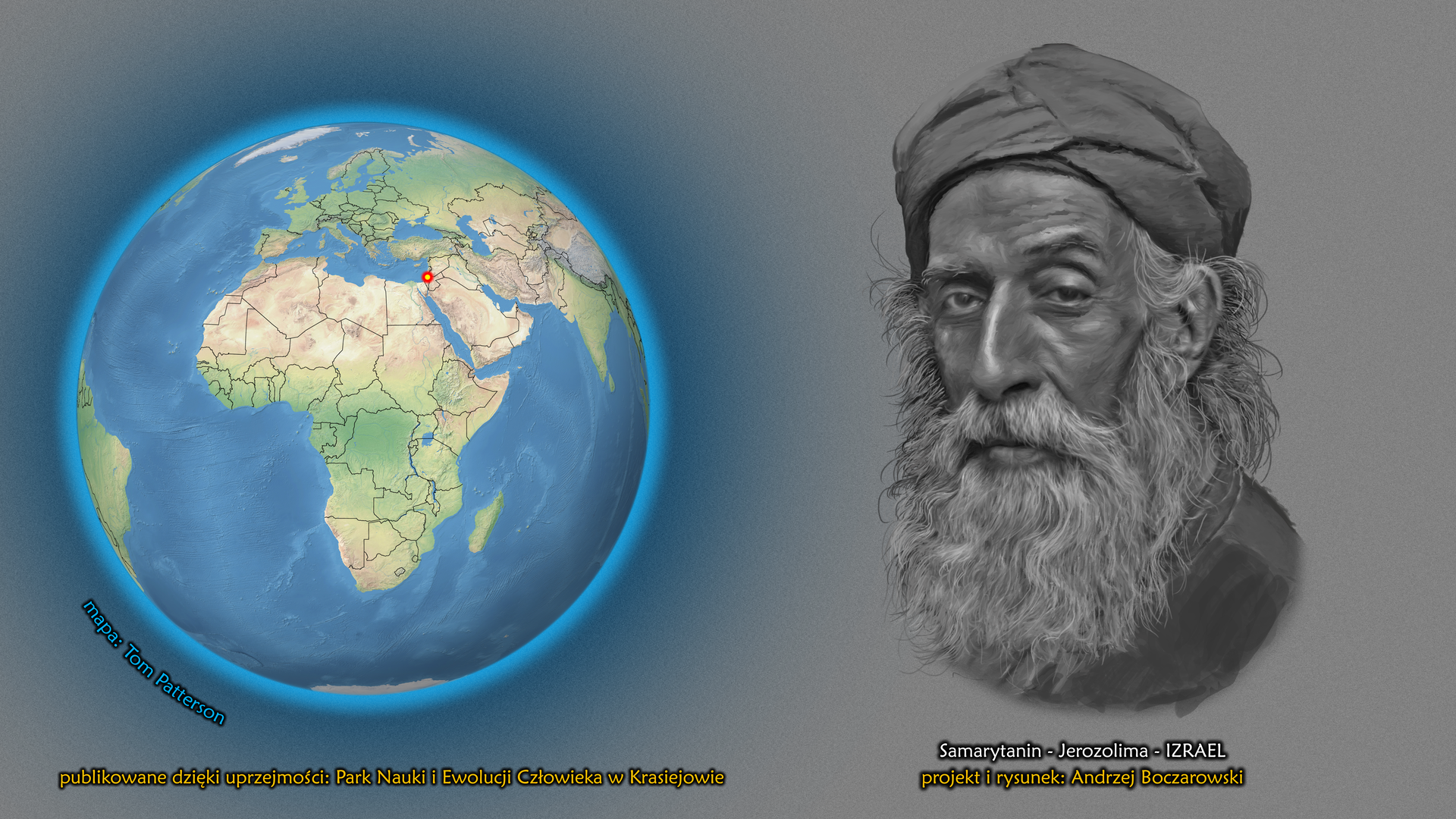 Na ilustracji kula ziemska, punktem zaznaczony Izrael. Obok twarz mężczyzny z długą siwą brodą. Na głowie ma turban. Podpis – Samarytanin.
