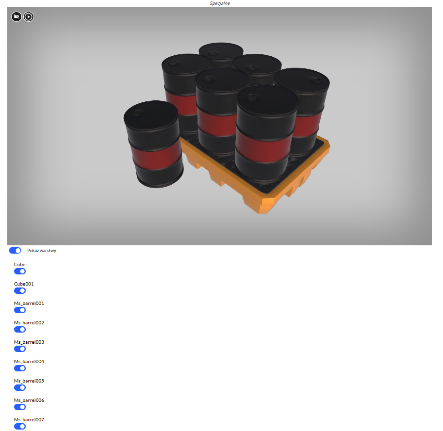 Ilustracja przedstawia widok na suwaki pozwalające ukryć warstwy modelu. Pod grafiką przedstawiającą specjalne jednostki ładunkowe znajdują się suwaki umożliwiające wyłączenie lub włączenie poszczególnych warstw modelu.