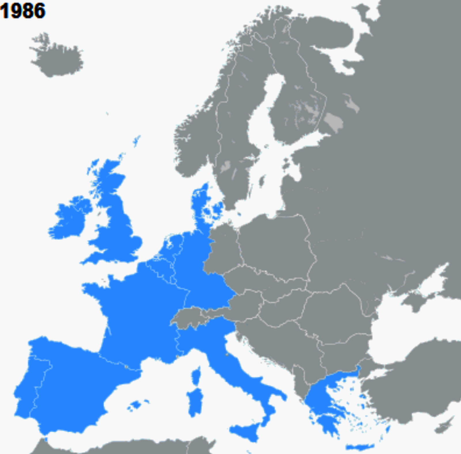 Mapa polityczna Europy. Państwa członkowskie UE oznaczane są kolorem niebieskim, w lewym górnym rogu przedstawiono rok ich dołączenia do wspólnoty. Pozostałe państwa naniesiono kolorem szarym. 1986 - Hiszpania, Portugalia. 