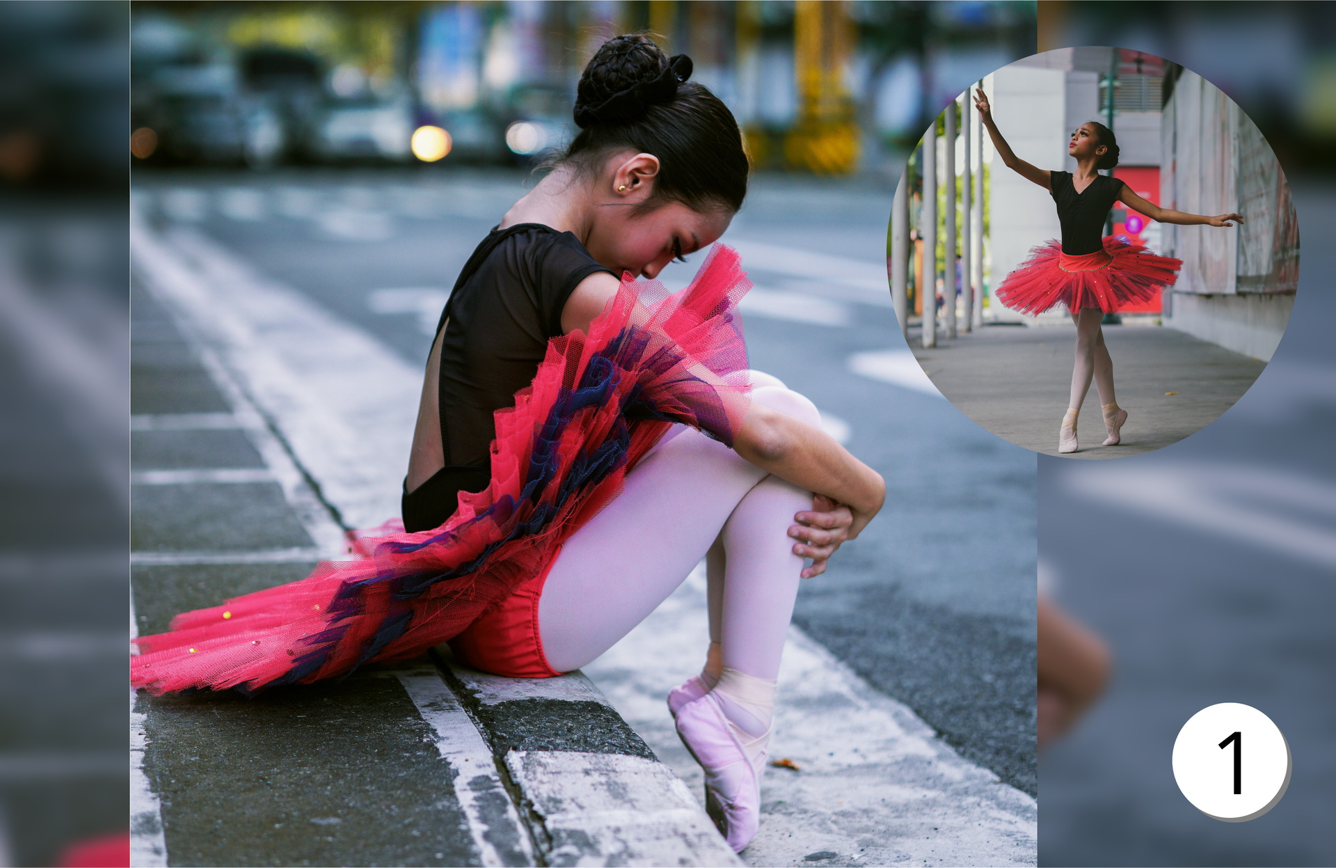 Zdjęcie przedstawia dziewczynkę w stroju baletnicy. Dziewczynka siedzi na schodach ze spuszczoną głową.