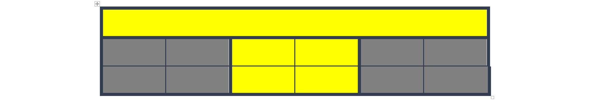 Ilustracja przedstawia tabele 3 wiersze i 6 kolumn. Pierwszy wiersz jest scalony. Obramowanie zewnętrzne i pierwsze wiersz ma pogrubione krawędzie Komórki tabeli są wypełnione w dwóch kolorach. Górny wiersz oraz trzecia i czwarta kolumna wypełnione są w kontrastowym kolorze.
