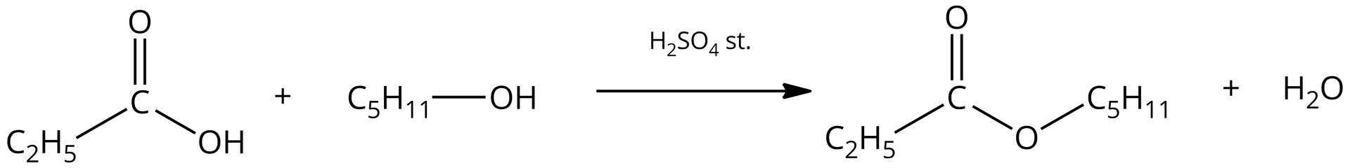 Ilustracja przedstawia równanie reakcji estryfikacji. Cząsteczka kwasu propionowego zbudowana z grupy etylowej C2H5 związanej z atomem węgla połączonym za pomocą wiązania podwójnego z atomem tlenu oraz za pomocą wiązania pojedynczego z grupą hydroksylową OH. Dodać cząsteczka pentan-1-olu zbudowana z grupy C5H11 połączonej z grupą hydroksylową OH. Strzałka w prawo, nad strzałką stężony kwas siarkowy, za strzałką cząsteczka propionianu pentylu zbudowanego z grupy C2H5 połączonej z atomem węgla, który to związany jest za pomocą wiązania podwójnego z atomem tlenu oraz za pomocą wiązania pojedynczego z drugim atomem tlenu podstawionym grupą C5H11. Dodać cząsteczka wody.