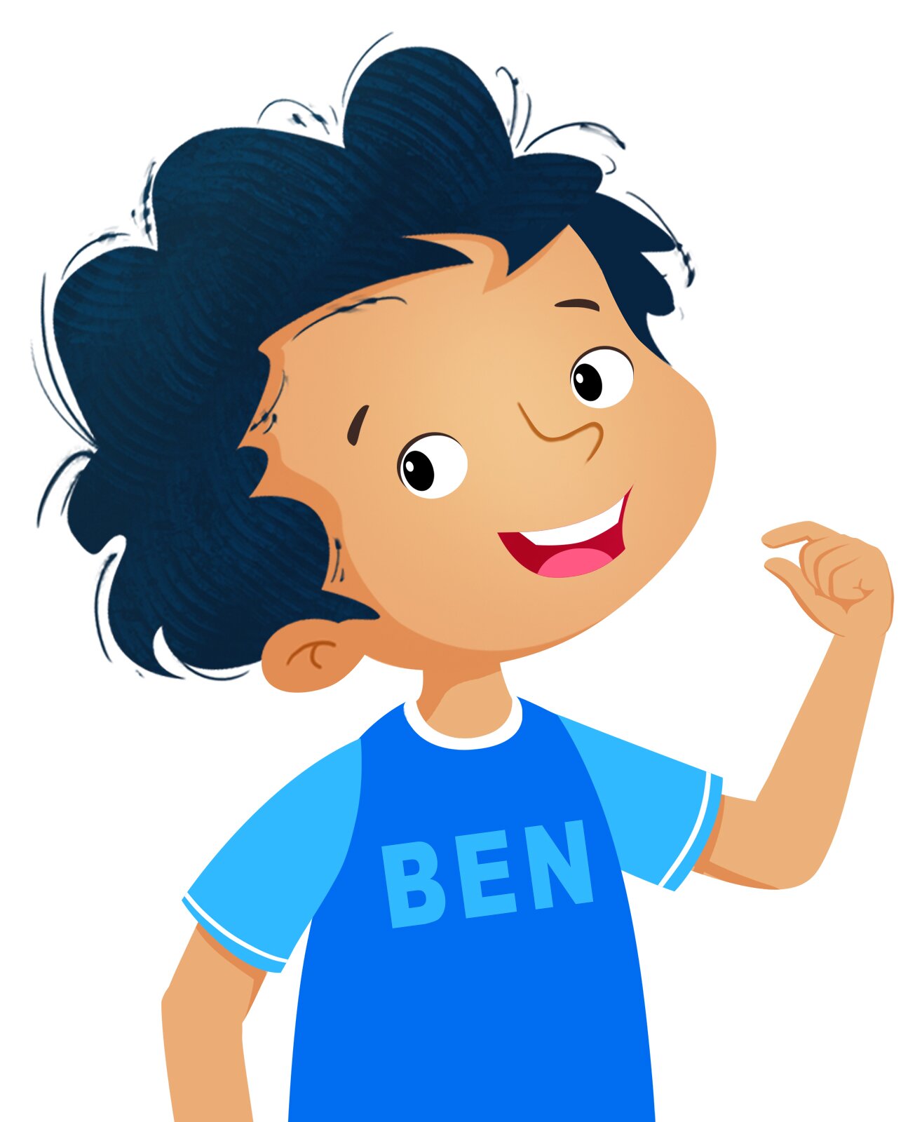 Ilustracja przedstawia Bena. To ciemnowłosy chłopiec ubrany w niebieską koszulkę z krótkim rękawem.
