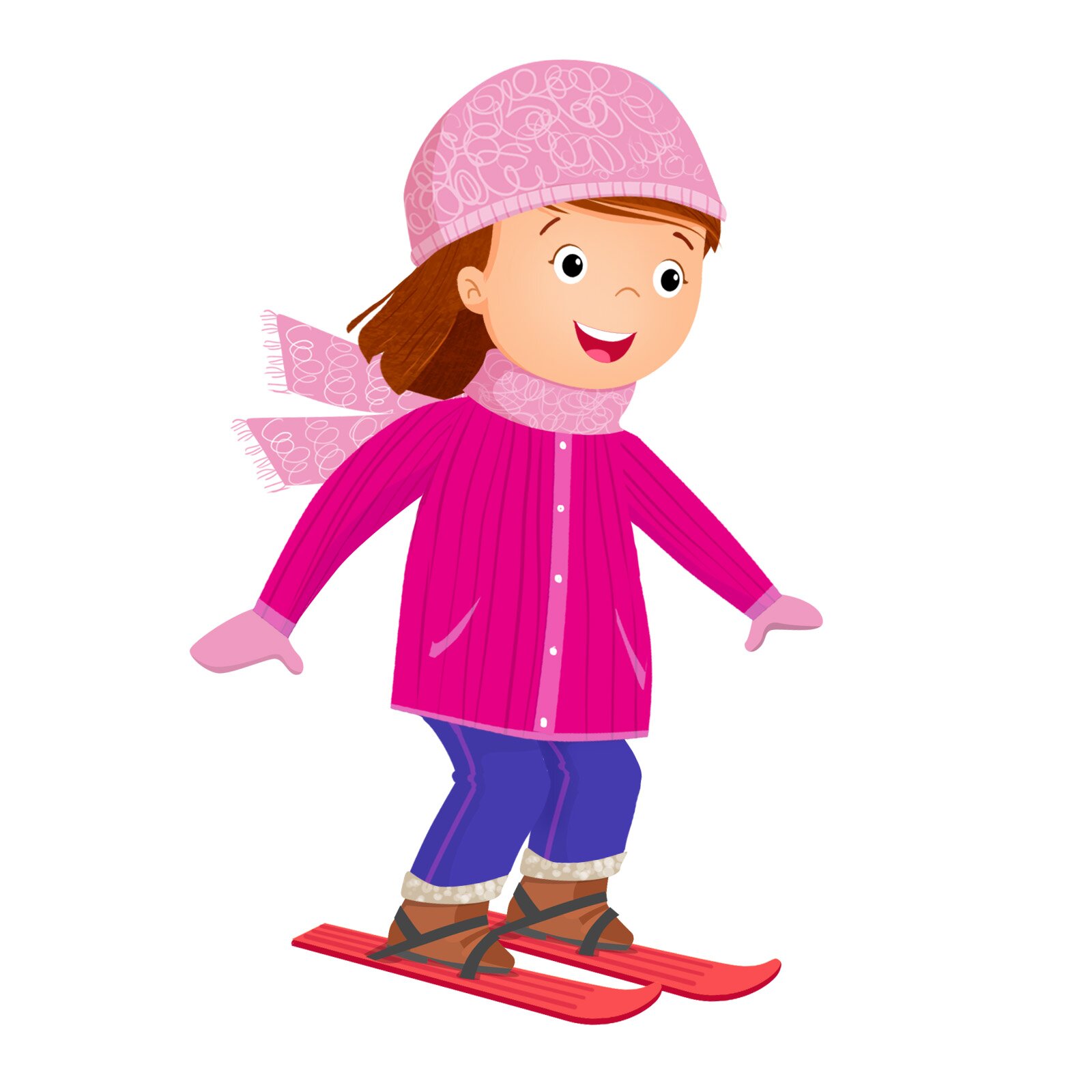 Ilustracja przedstawia Klarę w zimowym stroju, jeżdżącą na nartach.