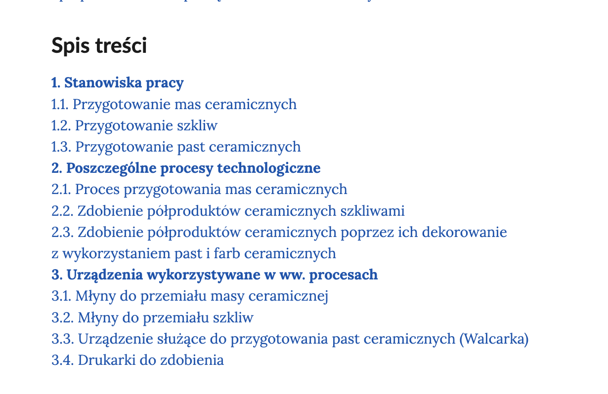 Ilustracja przedstawia zrzut ekranu ze spisu streści planszy interaktywnej.