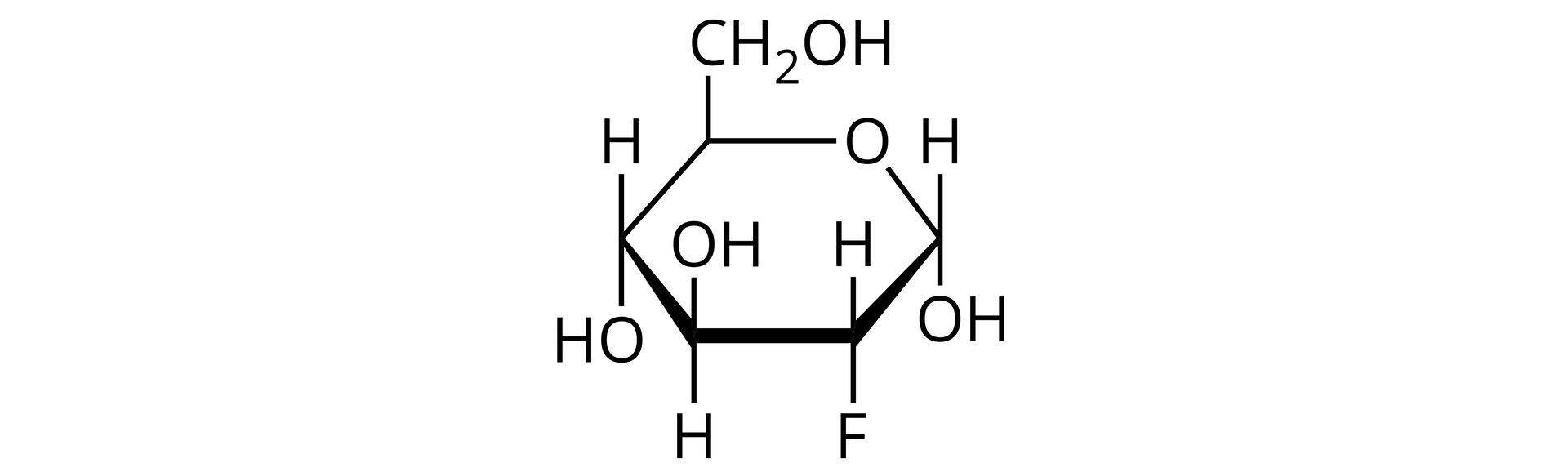 Ilustracja przedstawia wzór cukru w formie cyklicznej. W strukturze występuje pierścień sześcioczłonowy, w którym występuje jeden atom tlenu, a pozostałe to atomy węgla. Każdy atom węgla ma podstawniki,  przyłączone są atomy wodoru, grupy hydroksylowe, jedna grupa    C H   2    O H  . Jeden z atomów węgla jest podstawiony izotopem fluoru 18F.