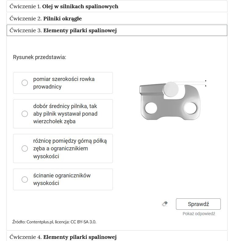 Grafika przedstawia zrzut ekranu zawierający rozwinięte jedno z ćwiczeń, polecenie, cztery odpowiedzi i rysunek pomocniczy. W dolnej części okna znajduje się przycisk Sprawdź, po jego lewej stronie symbol gumki, który umożliwia wyczyszczenie odpowiedzi. Pod przyciskiem napis: Pokaż odpowiedź.