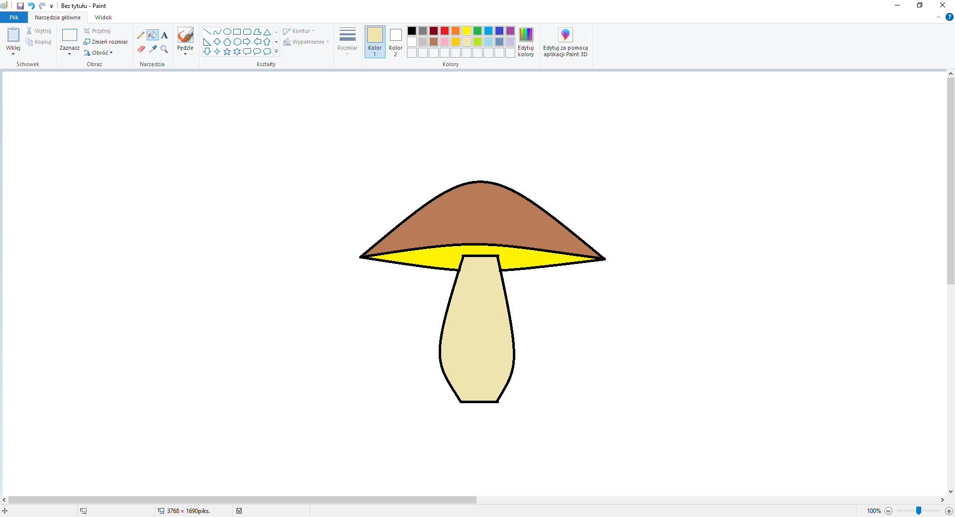 Ilustracja przedstawia grzybka wypełnionego kolorami narysowanego za pomocą krzywych w programie Paint. Grzyb przypomina prawdziwka. 