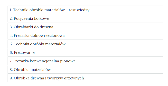 Grafika przedstawia przykładowy wygląd zakładek zawierających interaktywne materiały sprawdzające. Są one prostokątne i umieszczone jedna pod drugą. Każda zakładka ma numer oraz tytuł nawiązujący do ćwiczenia.