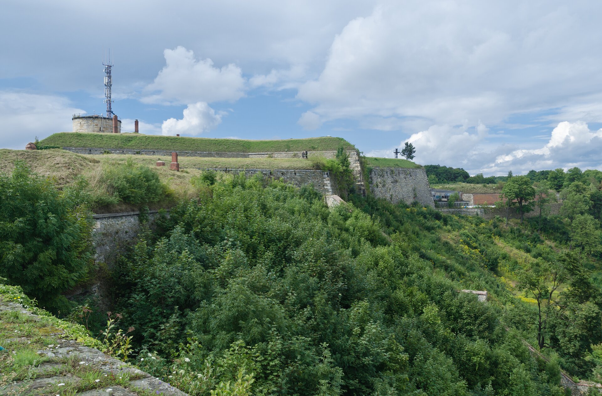 Fotografia prezentuje wysokie mury obronne twierdzy porośnięte trawą. Poniżej murów rośnie bujna roślinność składająca się z drzew i krzewów. Tło stanowi błękitne niebo z licznymi chmurami.