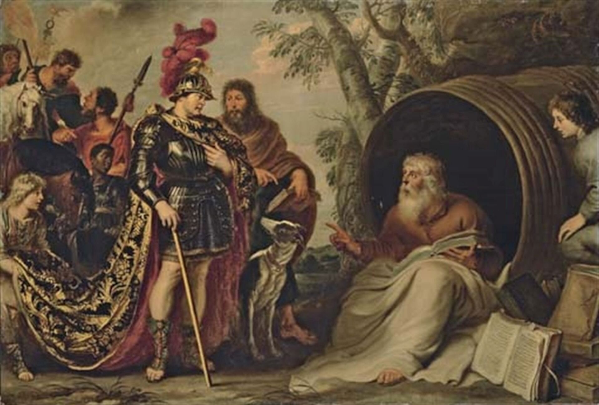 Ilustracja przedstawia obraz Cornelisa de Vosa pod tytułem „Aleksander i Diogenes”. Na obrazie widoczne jest spotkanie Aleksandra Wielkiego z greckim filozofem mieszkającym w beczce. Aleksander stoi przed Diogenesem. Ma na sobie czarną szatę w złote wzory, na głowie widoczny jest hełm z czerwonym pióropuszem. W tle widoczne są inne postaci oraz czarny i biały koń.