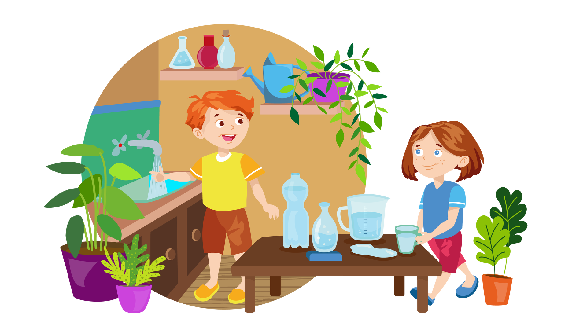 Ilustracja przedstawia kuchnię w domu Franka i Mai. W tle widać jasnobrązową ścianę, na której wiszą dwie krótkie jasnobrązowe półki. Na pierwszej półce stoją od lewej: szklane naczynie wypełnione wodą, pusty ciemnoczerwony wazon i szklana butelka z korkiem. Na drugiej półce stoi niebieska konewka i zielona roślina w fioletowej donicy. Długie łodygi rośliny opadają w dół. Po lewej stronie ilustracji znajduje się druga ściana, która jest brązowa w górnej części i zielona w dolnej. Przy niej stoi brązowa szafka ze zlewem, nad którym jest przymocowany do ściany kran. Z kranu leci woda. W lewym dolnym rogu ilustracji, na drewnianej podłodze, stoją dwie zielone rośliny w fioletowych donicach. Po prawej stronie ilustracji stoi kolejna zielona roślina, w pomarańczowej donicy. Na środku pomieszczenia znajduje się prostokątny ciemnobrązowy stół, na którym umieszczono kilka przedmiotów. Po lewej stronie jest plastikowa butelka z wodą. Dalej na prawo leży niebieska podstawka, na której znajduje się szklana butelka z wodą gazowaną. Na środku stołu widać niewielką kałużę utworzoną z rozlanej wody. Za nią stoi przezroczysty dzbanek z wodą. Dalej na prawo znajduje się kubek wody. Po prawej stronie stołu stoi Maja. Dziewczynka lewą dłonią podnosi kubek. Po lewej stronie stołu stoi Franek. Prawą rękę trzyma pod strumieniem wody wypływającej z kranu. Chłopiec odwraca głowę w stronę siostry i patrzy na nią z uśmiechem. Maja odwzajemnia spojrzenie i również się uśmiecha.