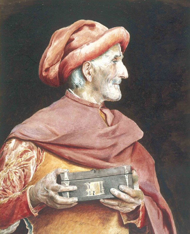 Kliknij, aby powiększyć Obraz przedstawia popiersie starszego, wychudzonego mężczyzny z metalową puszką w dłoniach. Ukazany z profilu ma siwe włosy i brodę. Ubrany w jest w pomarańczową szatę o haftowanych rękawach, czerwoną pelerynę i czapkę.