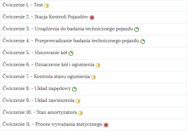 Zdjęcie przedstawia przykładowy wygląd zakładek zawierających interaktywne materiały sprawdzające. Składają się one z prostokątnych paneli umieszczonych jeden pod drugim. Każdy panel posiada numer oraz tytuł, który nawiązuje do zawartego w nim zadania.