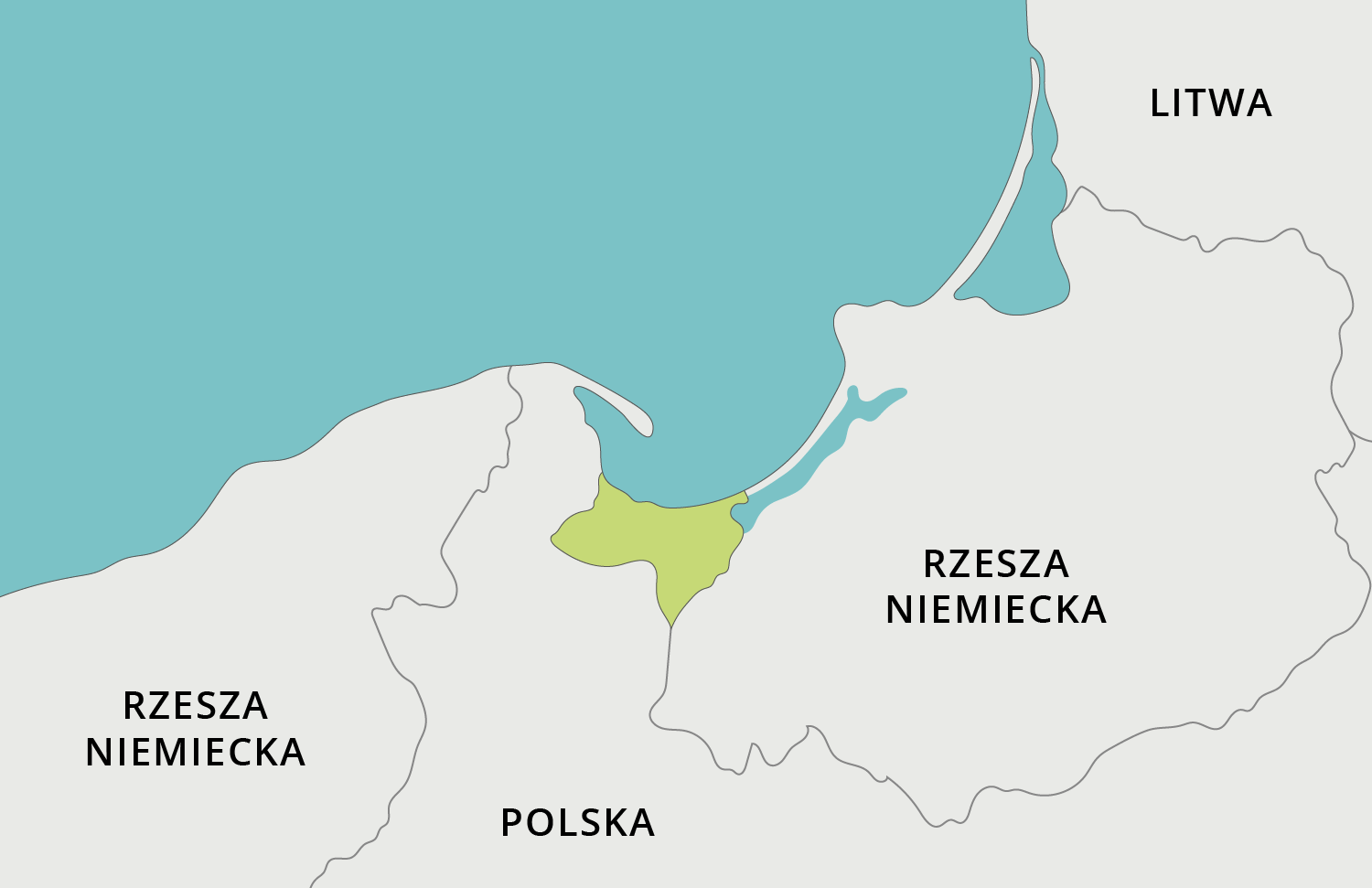 Mapa przedstawia wybrzeże Morza Bałtyckiego. Po zachodniej i wschodniej stronie jest Rzesza Niemiecka. Pomiędzy nimi jest Polska oraz zaznaczony na zielono obszar przy brzegu morza. Dalej na wschód jest Litwa.