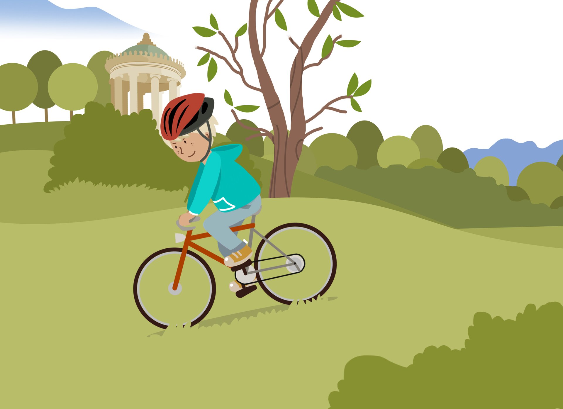 Ilustracja przedstawia chłopca zjeżdżającego na rowerze z pagórka. Chłopiec ma na głowie kask. W oddali widoczne są drzewa i stojąca pośród nich okrągła altana.