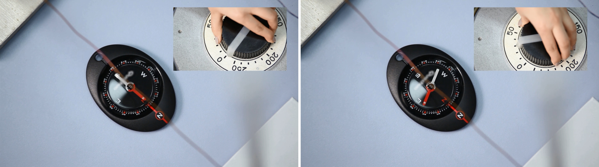 Ilustracja przedstawia dwa zdjęcia ułożone obok siebie. Ilustracje dotyczą wykonania doświadczenia Oersteda. W centrach obu zdjęć znajduje się kompas z igłą magnetyczną. Nad kompasem przewód. W prawym górnym rogu lewego zdjęcia dłoń na pokrętle zmiany prądu, ustawionym na zerze. Igła kompasu ustawiona wzdłuż przewodu. W prawym górnym rogu prawego zdjęcia dłoń na pokrętle zmiany prądu, ustawionym na około trzydzieści. Igła kompasu odchyliła się zgodnie z biegiem wskazówek zegara.