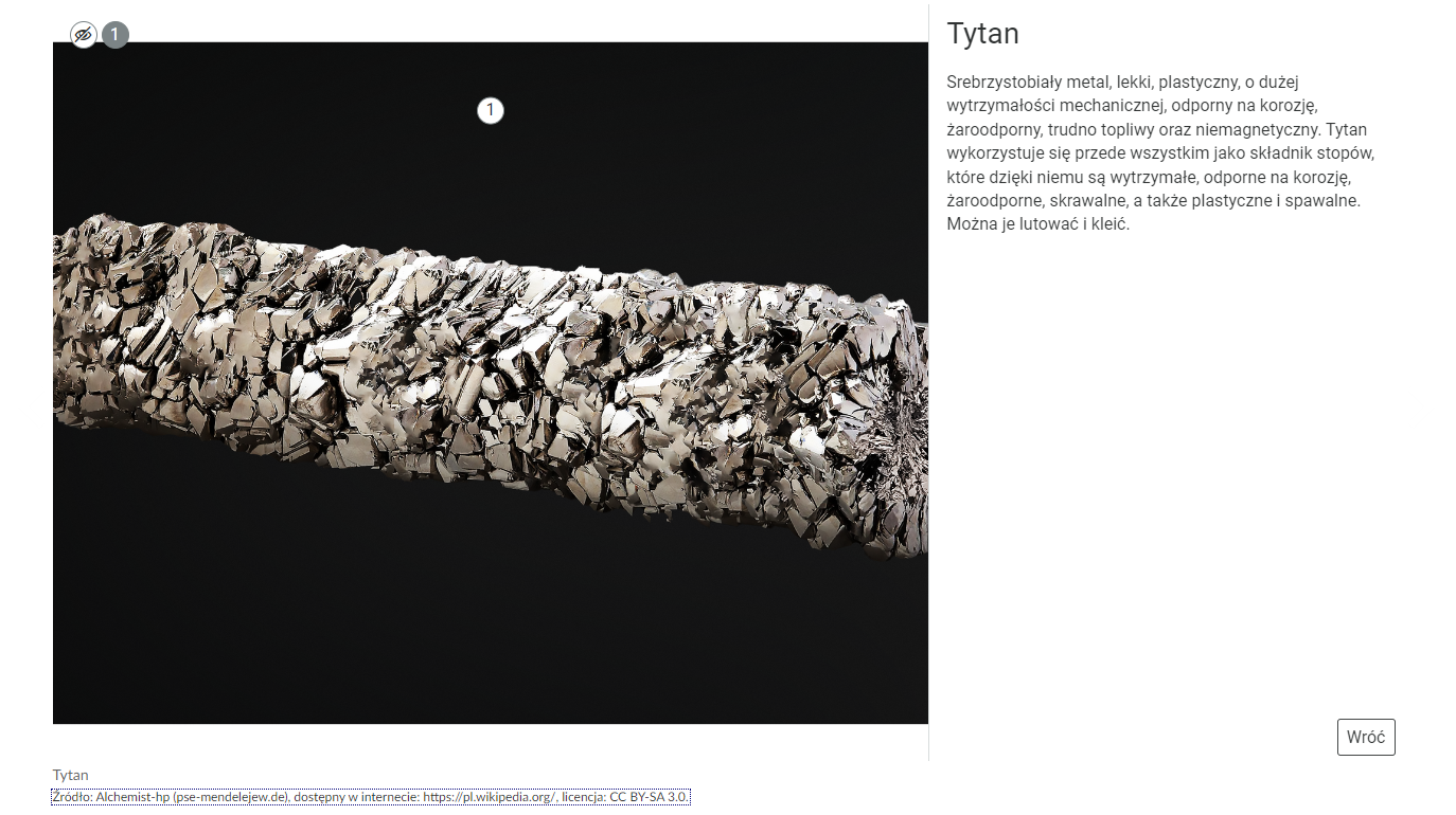 Przykładowy widok grafiki interaktywnej po kliknięciu w przycisk interaktywny. Po prawej stronie pojawia się plansza z tytułem części, w którą kliknięto i jej opisem.