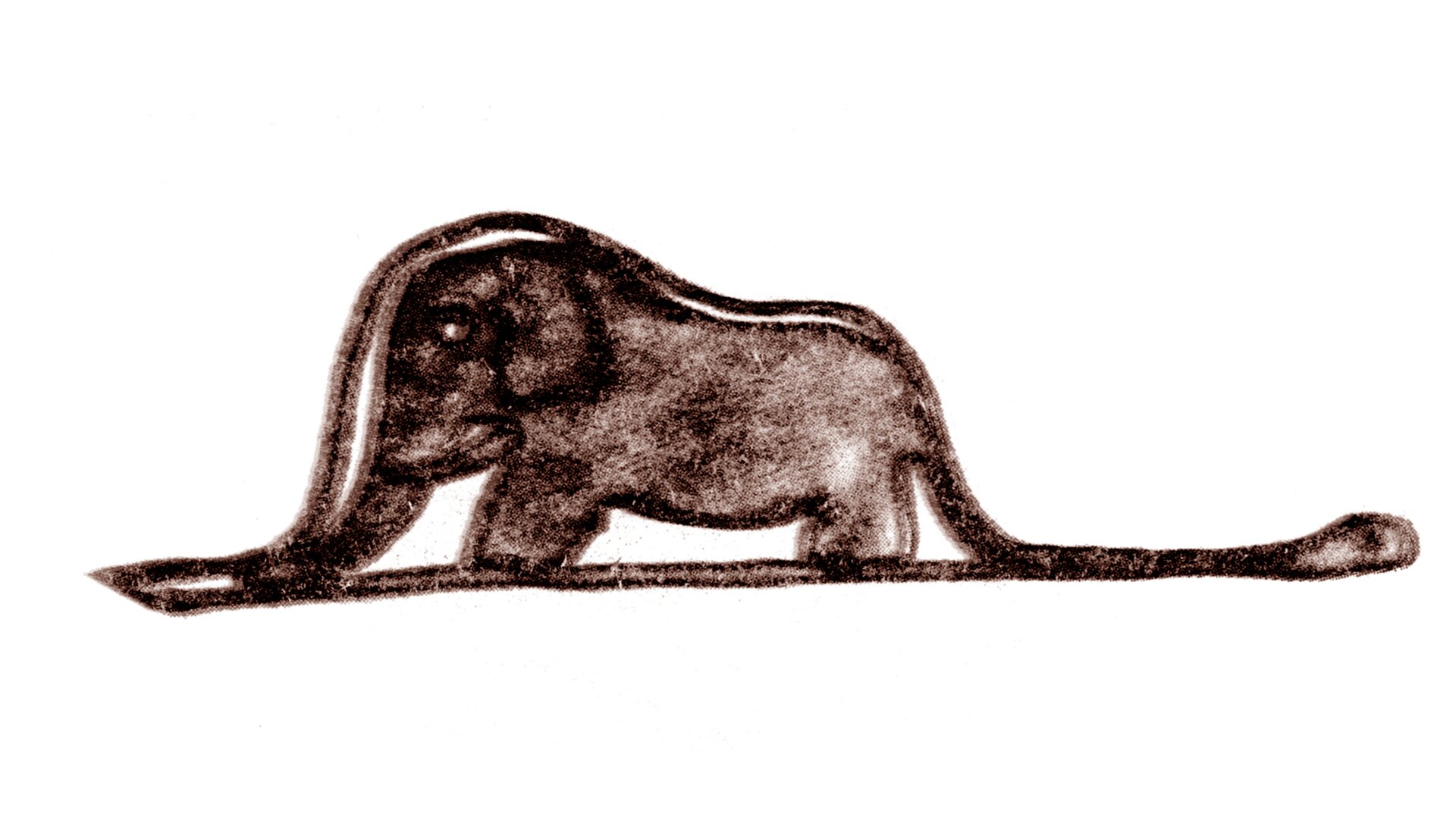 Grafika w kolorze brązowym przedstawia w uproszczony sposób widzianego z boku słonia obwiedzionego pętlą utworzoną z dość szerokiej linii. Jej obrys przypomina pomarańczowy kształt poprzedniej grafiki. Słoń jest skierowany opuszczoną do ziemi trąbą w lewą stronę. Za jego ogonem linia łączy się, zamykając pętlę i, ciągnąc się poziomo przez odcinek zbliżony długością do odległości między przednimi i tylnymi nogami słonia, rozszerza do kształtu z kropką przypominającego głowę.