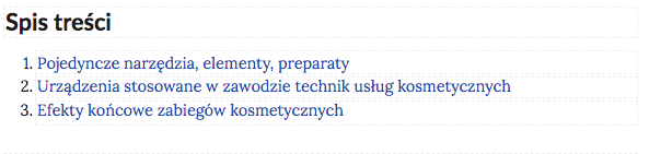 Grafika przedstawia widok na spis treści galerii. W kolejnych wierszach tytuły części galerii: 1. Pojedyncze narzędzia, elementy, preparaty. 2. Urządzenia stosowane w zawodzie technik usług kosmetycznych. 3. Efekty końcowe zabiegów kosmetycznych. 