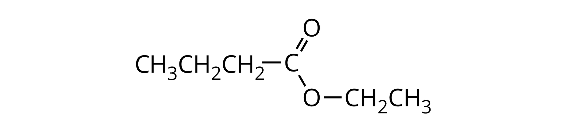 Ilustracja przedstawiająca wzór maślanu etylu zbudowanego z grupy propylowej CH3CH2CH2 związanej z atomem węgla, który to łączy się za pomocą wiązania podwójnego z atomem tlenu, zaś za pomocą wiązania pojedynczego z atomem tlenu podstawionym grupą etylową CH2CH3.